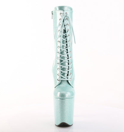 Pleaser FLAMINGO-1040GP Mint Glitter Lace-Up Platform Ankle Boots - 8 Inch Heels