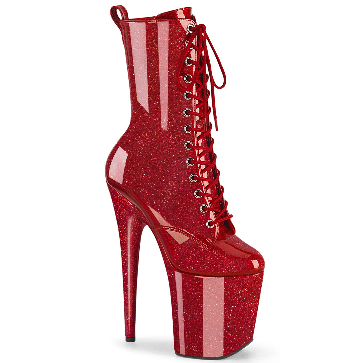 FLAMINGO-1040GP Pleaser Red Glitter 8 Inch Pole Dance Ankle Boots Ruby Red Glitter Pat M