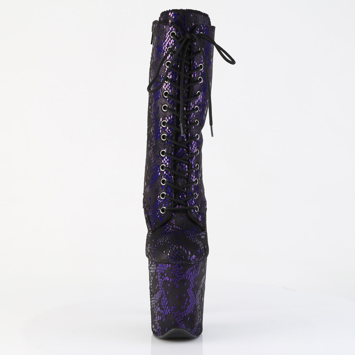 Pleaser FLAMINGO-1040SPF Purple Metallic Snake Print Fabric Lace-Up Platform Ankle Boots - 8 Inch Heels