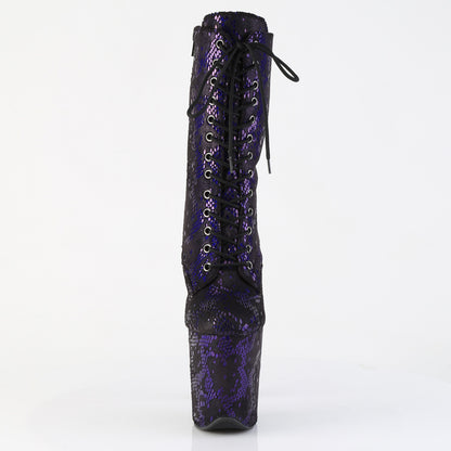 Pleaser FLAMINGO-1040SPF Purple Metallic Snake Print Fabric Lace-Up Platform Ankle Boots - 8 Inch Heels