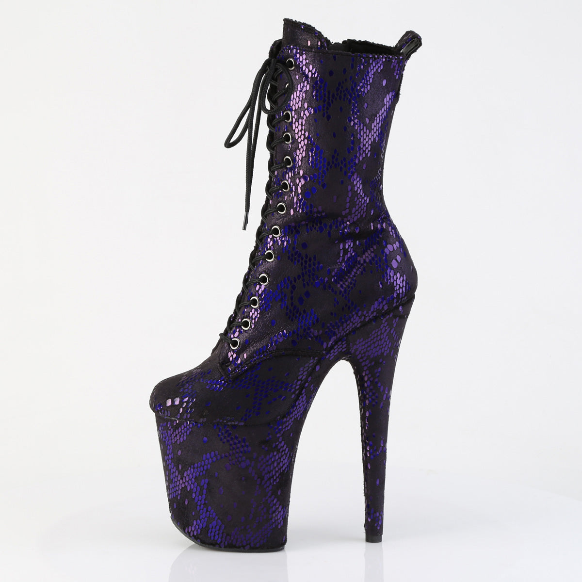 Pleaser FLAMINGO-1040SPF Purple Metallic Snake Print Fabric Lace-Up Platform Ankle Boots - 8 Inch Heels