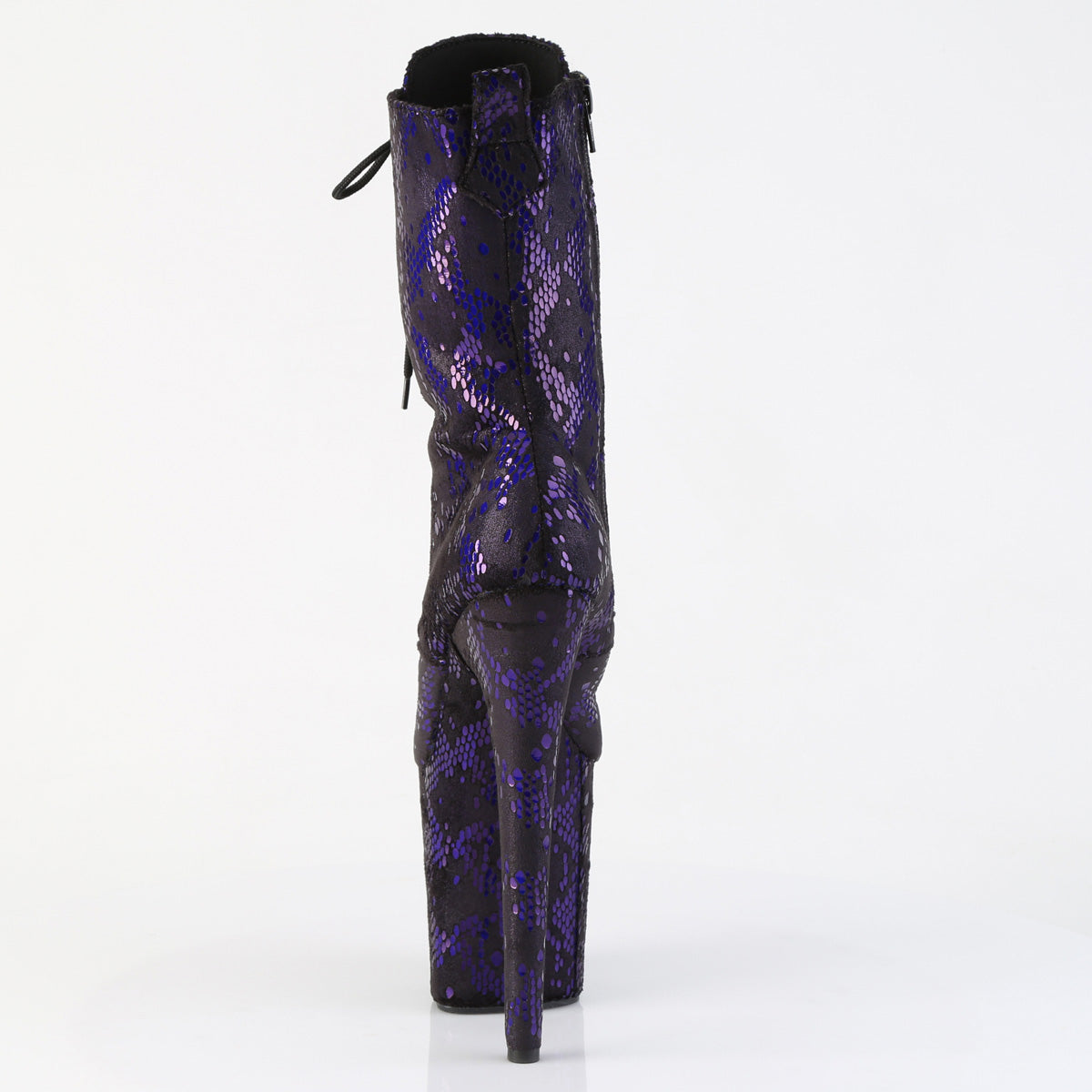 Pleaser FLAMINGO-1040SPF Purple Metallic Snake Print Fabric Lace-Up Platform Ankle Boots - 8 Inch Heels