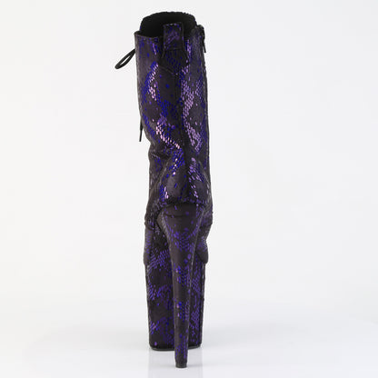 Pleaser FLAMINGO-1040SPF Purple Metallic Snake Print Fabric Lace-Up Platform Ankle Boots - 8 Inch Heels