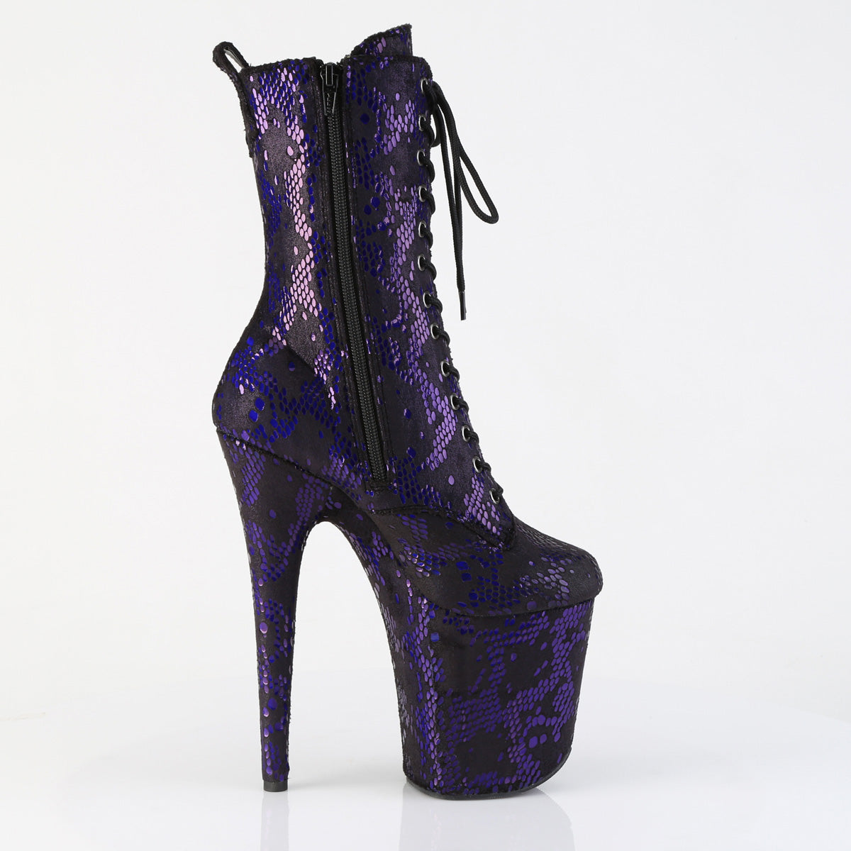 Pleaser FLAMINGO-1040SPF Purple Metallic Snake Print Fabric Lace-Up Platform Ankle Boots - 8 Inch Heels