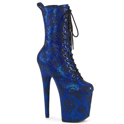 FLAMINGO-1040SPF Pleaser Purple 8 Inch Pole Dance Ankle Boots Blue Metallic Snake Print Fabric M