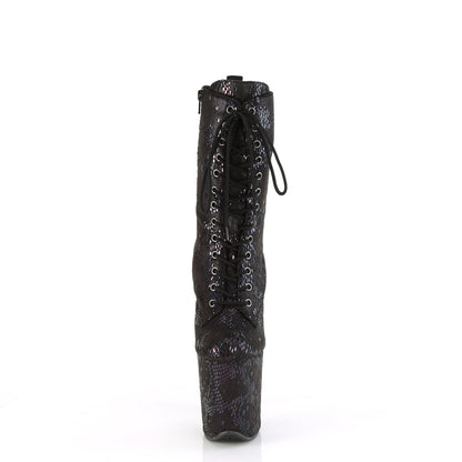 Pleaser FLAMINGO-1040SPF Black Oil Slick Metallic Snake Print Fabric Lace-Up Platform Ankle Boots - 8 Inch Heels