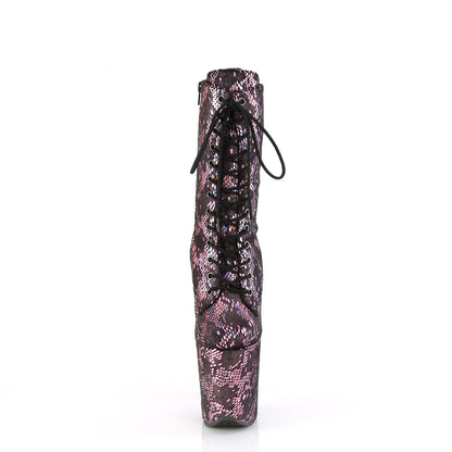 Pleaser FLAMINGO-1040SPF Baby Pink Metallic Holographic Snake Print Fabric Lace-Up Platform Ankle Boots - 8 Inch Heels