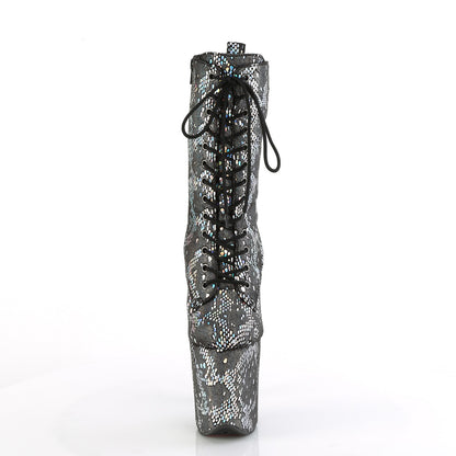 Pleaser FLAMINGO-1040SPF Silver Metallic Holographic Snake Print Fabric Lace-Up Platform Ankle Boots - 8 Inch Heels