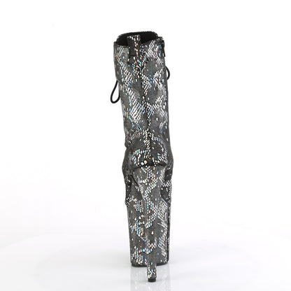 Pleaser FLAMINGO-1040SPF Silver Metallic Holographic Snake Print Fabric Lace-Up Platform Ankle Boots - 8 Inch Heels