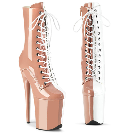 FLAMINGO-1040TT Pleaser Blush 8 Inch Platform Dancer Ankle Boots Blush-Wht Pat Blush-Wht