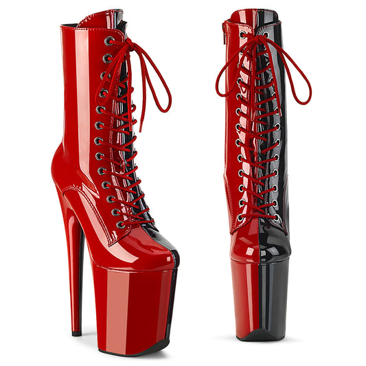 FLAMINGO-1040TT Pleaser Red 8 Inch Pole Heels Ankle Boots Red-Blk Pat Red-Blk
