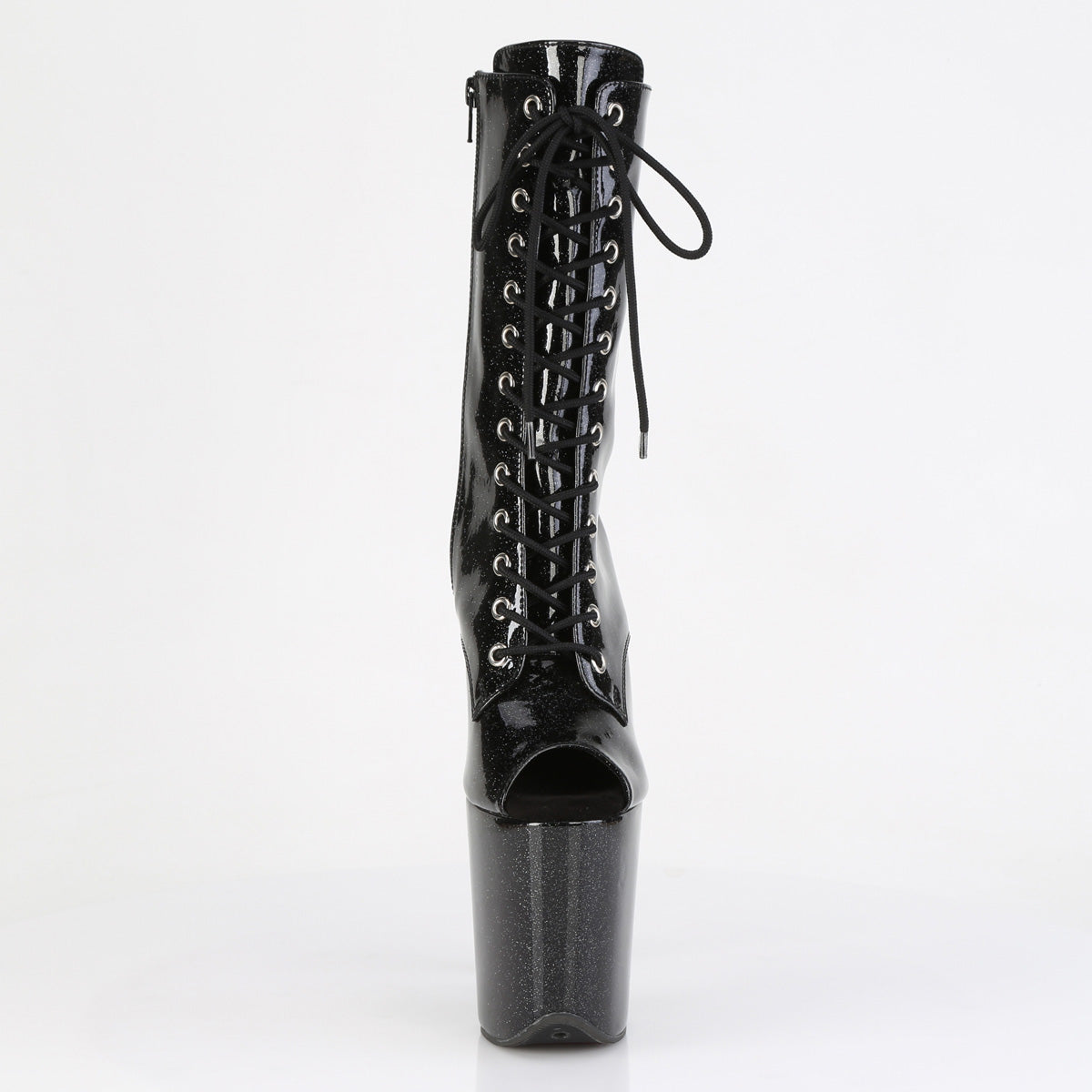 Pleaser FLAMINGO-1041GP Black Glitter Lace-Up Peep Toe Platform Ankle Boots - 8 Inch Heels