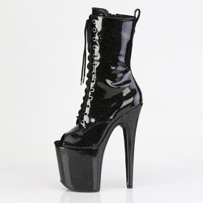 Pleaser FLAMINGO-1041GP Black Glitter Lace-Up Peep Toe Platform Ankle Boots - 8 Inch Heels