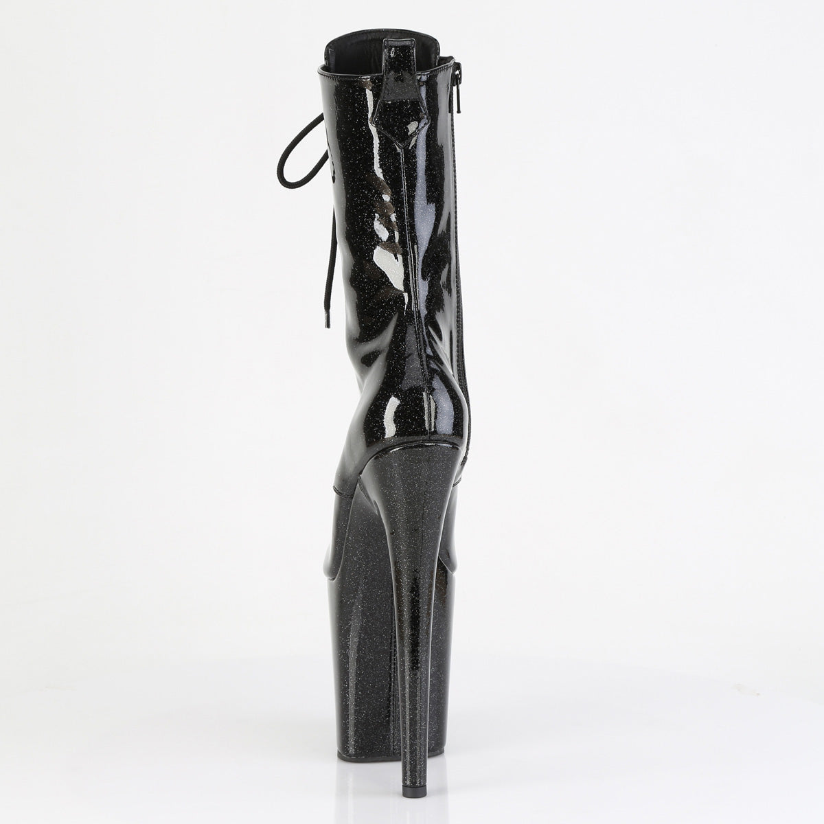 Pleaser FLAMINGO-1041GP Black Glitter Lace-Up Peep Toe Platform Ankle Boots - 8 Inch Heels