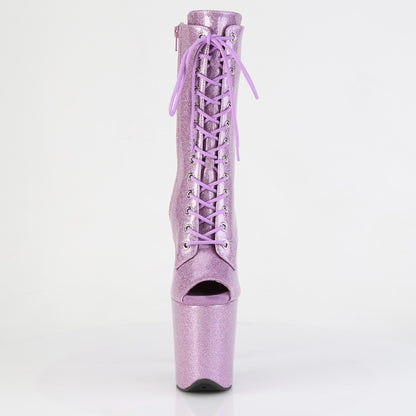 Pleaser FLAMINGO-1041GP Lilac Glitter Lace-Up Peep Toe Platform Ankle Boots - 8 Inch Heels