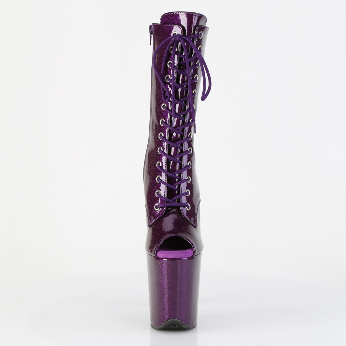 Pleaser FLAMINGO-1041GP Purple Glitter Lace-Up Peep Toe Platform Ankle Boots - 8 Inch Heels