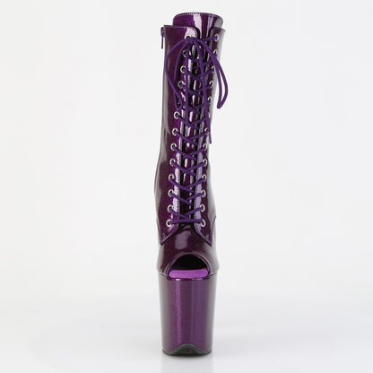Pleaser FLAMINGO-1041GP Purple Glitter Lace-Up Peep Toe Platform Ankle Boots - 8 Inch Heels