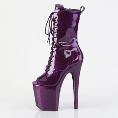 Pleaser FLAMINGO-1041GP Purple Glitter Lace-Up Peep Toe Platform Ankle Boots - 8 Inch Heels