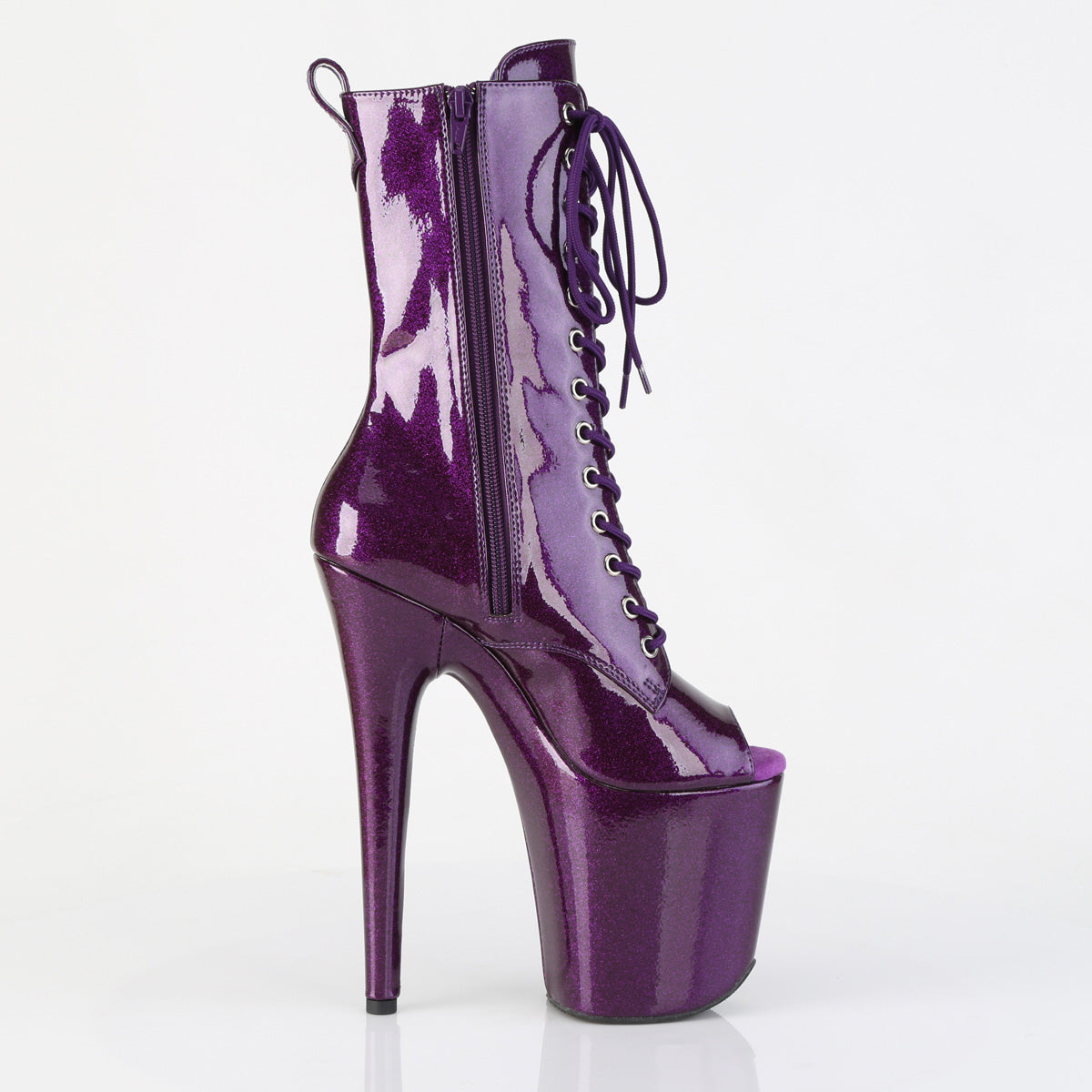 Pleaser FLAMINGO-1041GP Purple Glitter Lace-Up Peep Toe Platform Ankle Boots - 8 Inch Heels