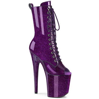 Pleaser FLAMINGO-1041GP Purple Glitter Lace-Up Peep Toe Platform Ankle Boots - 8 Inch Heels