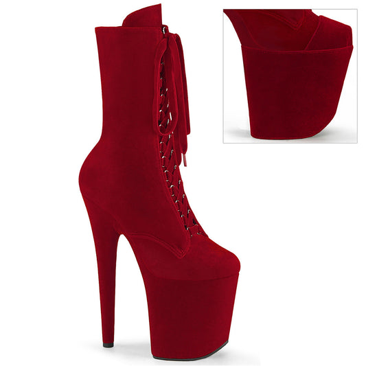 FLAMINGO-1045VEL Pleaser Red 8 Inch Platform Dancer Ankle Boots Red Velvet Red Velvet