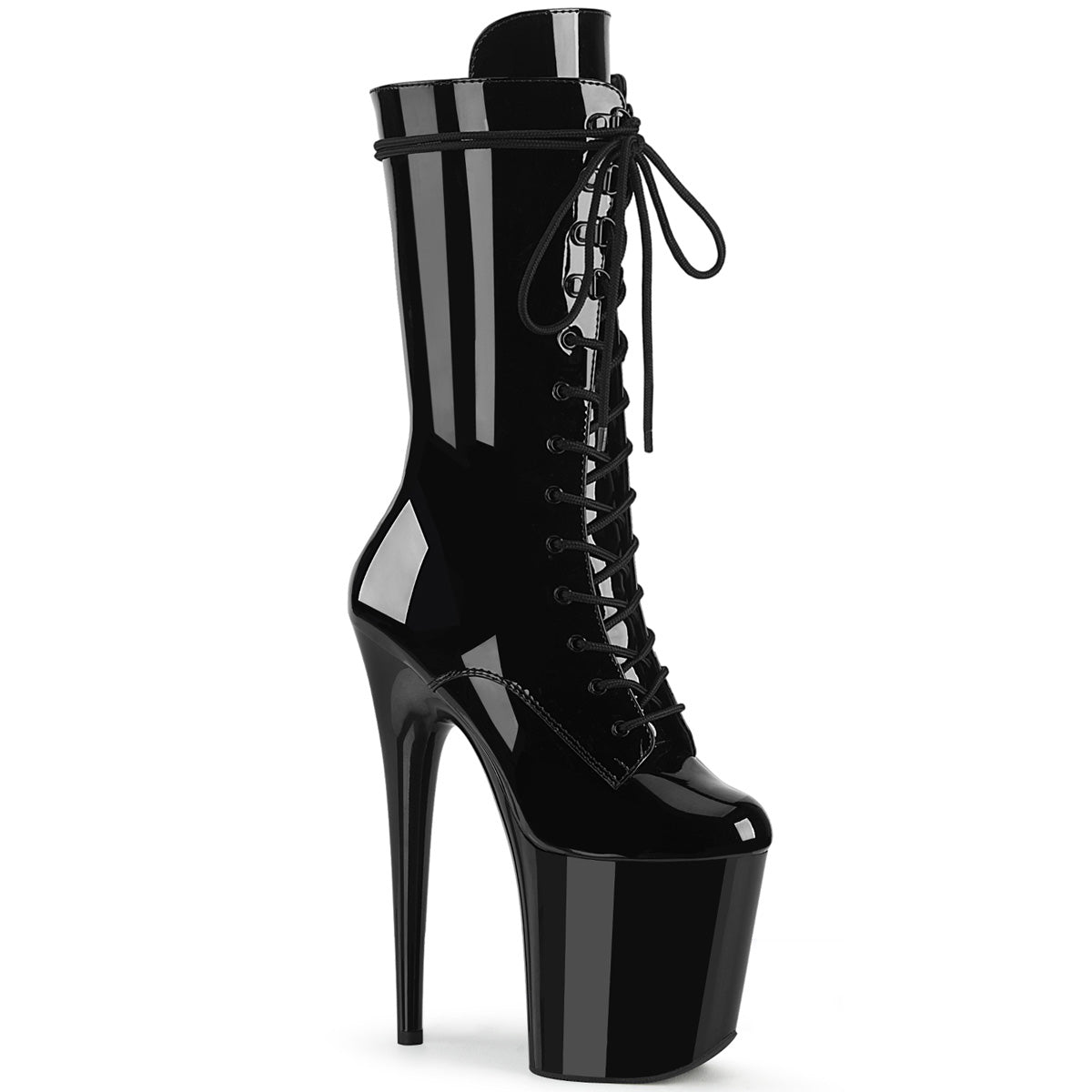 Pleaser FLAMINGO-1050 Black Lace-Up Platform Mid Calf Boots - 8 Inch Heels