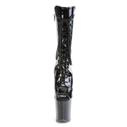 Pleaser FLAMINGO-1051 Black Lace-Up Peep Toe Platform Mid Calf Boots - 8 Inch Heels