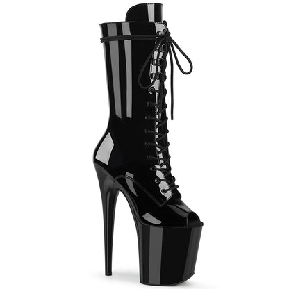 Pleaser FLAMINGO-1051 Black Lace-Up Peep Toe Platform Mid Calf Boots - 8 Inch Heels