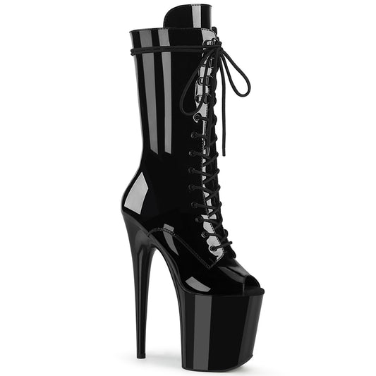 Pleaser FLAMINGO-1051 Black Lace-Up Peep Toe Platform Mid Calf Boots - 8 Inch Heels