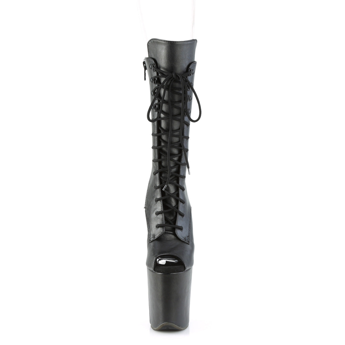 Pleaser FLAMINGO-1051WR Black Lace-Up Peep Toe Platform Mid Calf Boots - 8 Inch Heels