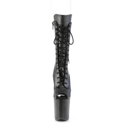 Pleaser FLAMINGO-1051WR Black Lace-Up Peep Toe Platform Mid Calf Boots - 8 Inch Heels