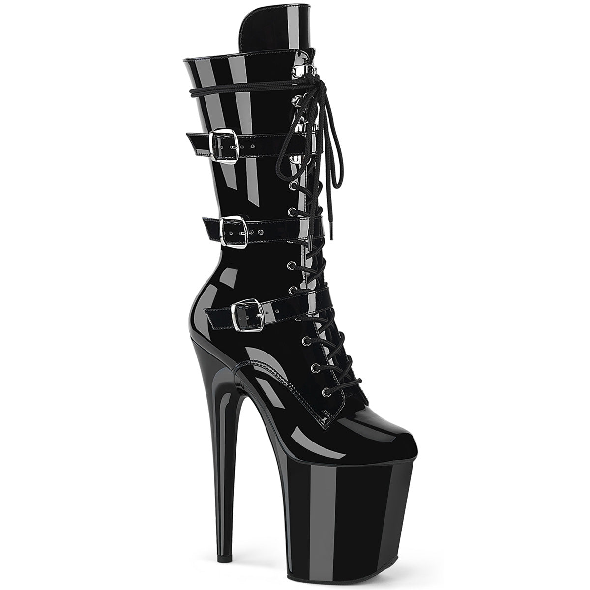 FLAMINGO-1053 Pleaser Black 8 Inch Pole Dancing Ankle Boots Blk Pat Blk