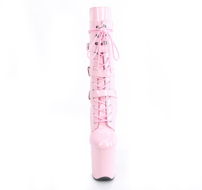 Pleaser FLAMINGO-1053 Baby Pink Lace-Up Platform Mid Calf Boots - 8 Inch Heels