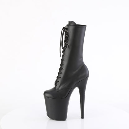 Pleaser FLAMINGO-1054 Black / Black Matte Lace-Up Platform Mid Calf Boots - 8 Inch Heels