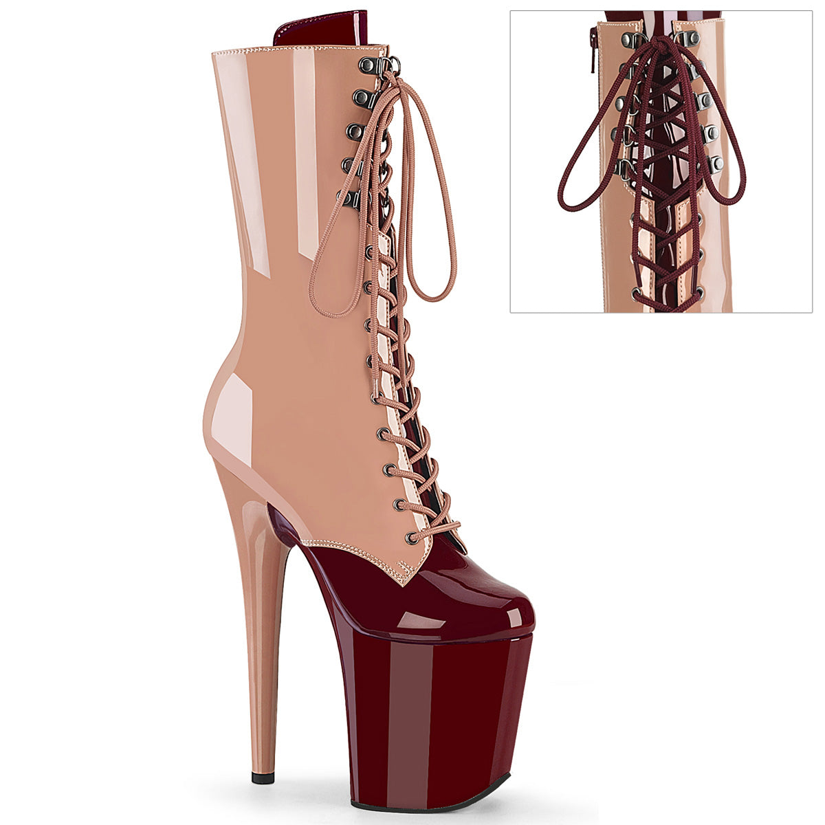 FLAMINGO-1054DC Pleaser Blush 8 Inch Exotic Dance Ankle Boots Blush-Burgundy Pat Blush Burgundy