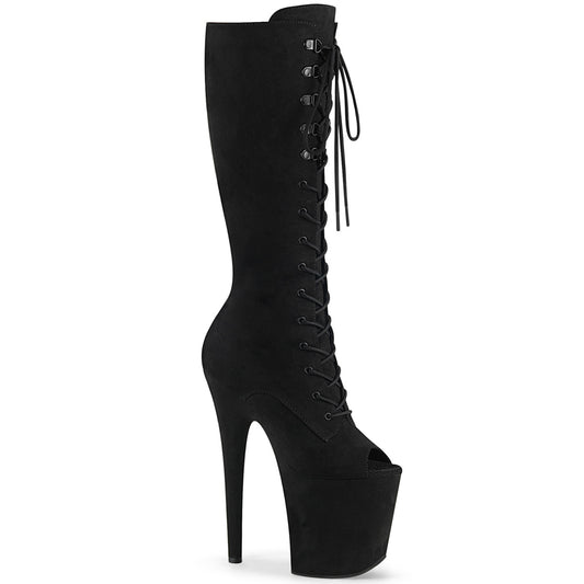 Pleaser FLAMINGO-2051FS Black Lace-Up Peep Toe Platform Knee High Boots - 8 Inch Heels Black Faux Suede Black Faux Suede
