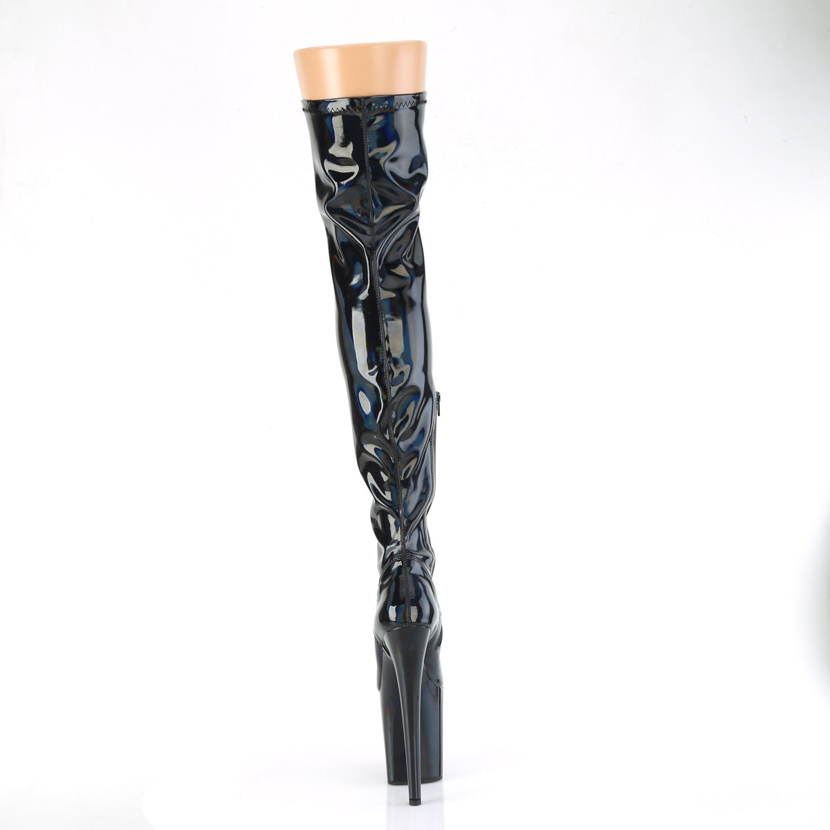 Pleaser FLAMINGO-3000HWR Black Holographic Platform Thigh High Boots - 8 Inch Heels