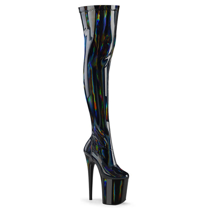 Pleaser FLAMINGO-3000HWR Black Holographic Platform Thigh High Boots - 8 Inch Heels