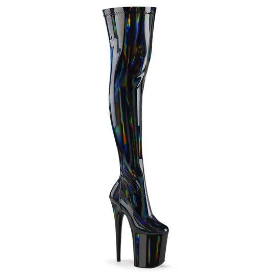 Pleaser FLAMINGO-3000HWR Black Holographic Platform Thigh High Boots - 8 Inch Heels