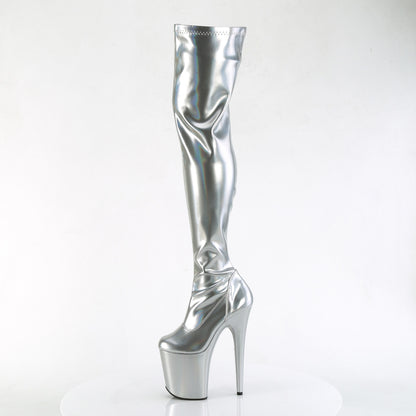 Pleaser FLAMINGO-3000HWR Silver Holographic Platform Thigh High Boots - 8 Inch Heels