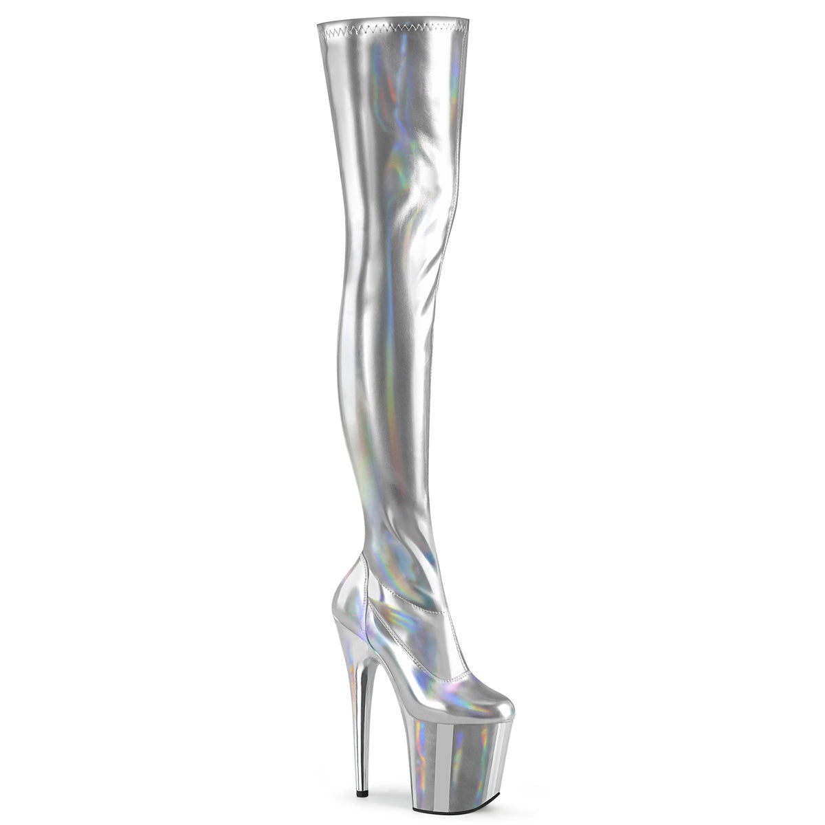 FLAMINGO-3000HWR Pleaser Silver 8 Inch Platform Pole Thigh Length Boots Slv Str. Holo Slv Holo