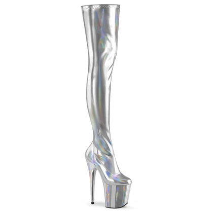 FLAMINGO-3000HWR Pleaser Silver 8 Inch Platform Pole Thigh Length Boots Slv Str. Holo Slv Holo