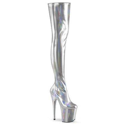 Pleaser FLAMINGO-3000HWR Silver Holographic Platform Thigh High Boots - 8 Inch Heels