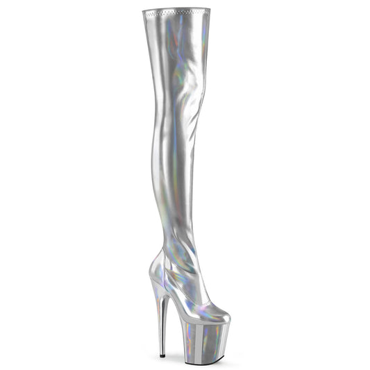 Pleaser FLAMINGO-3000HWR Silver Holographic Platform Thigh High Boots - 8 Inch Heels