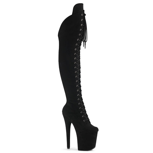 Pleaser FLAMINGO-3014FS Black Faux Suede/Black Faux Suede Platform Over the Knee Boots - 8 Inch Heels