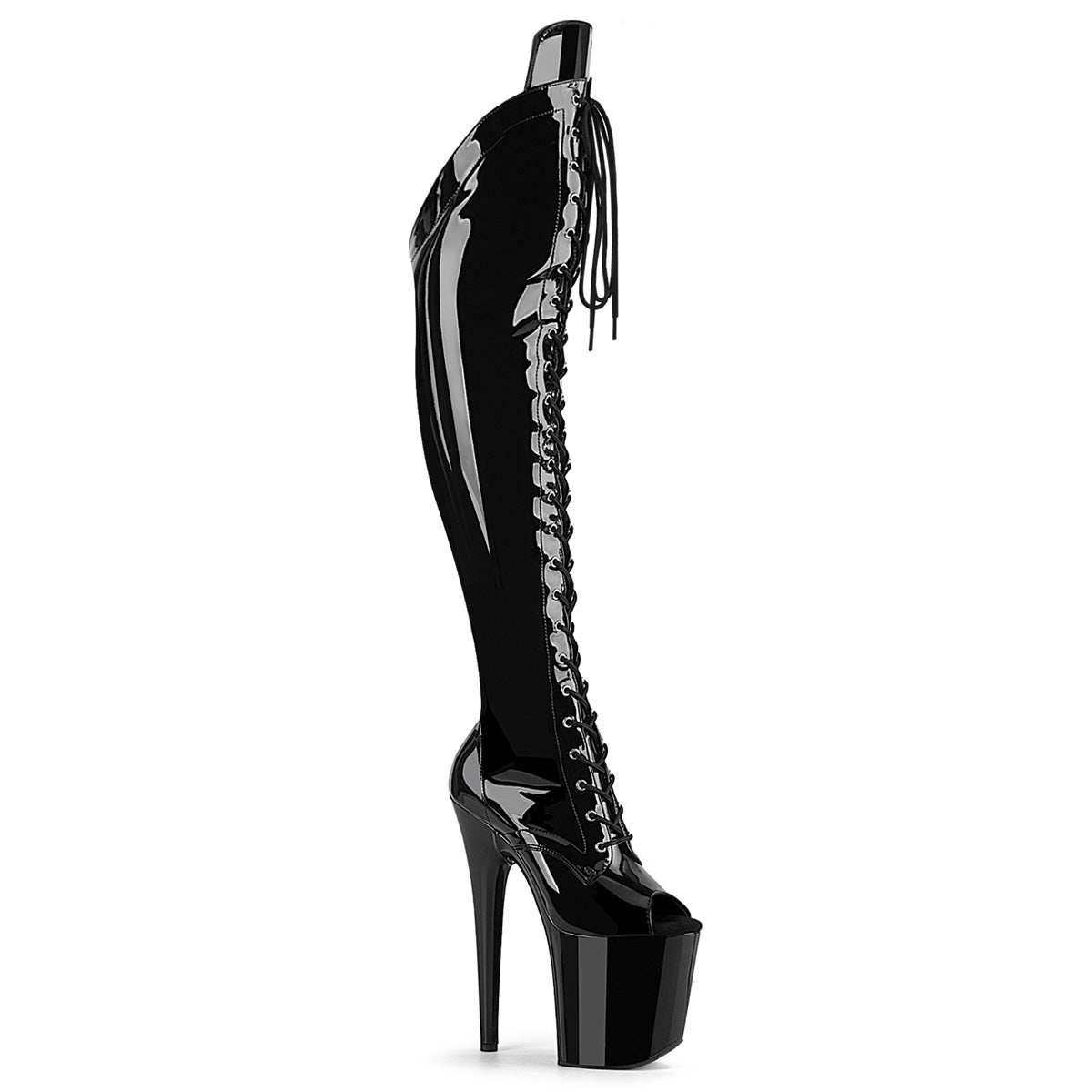 Pleaser FLAMINGO-3016 Black Patent/Black Platform Over the Knee Boots - 8 Inch Heels