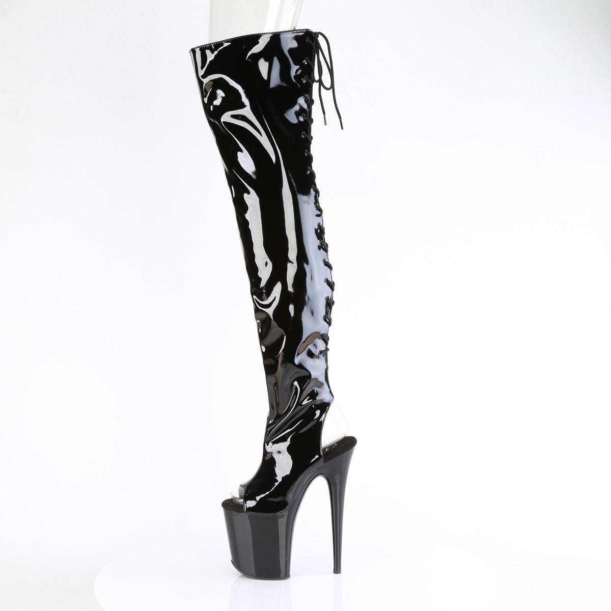 Pleaser FLAMINGO-3017 Black Lace-Up Open Toe Platform Thigh High Boots - 8 Inch Heels