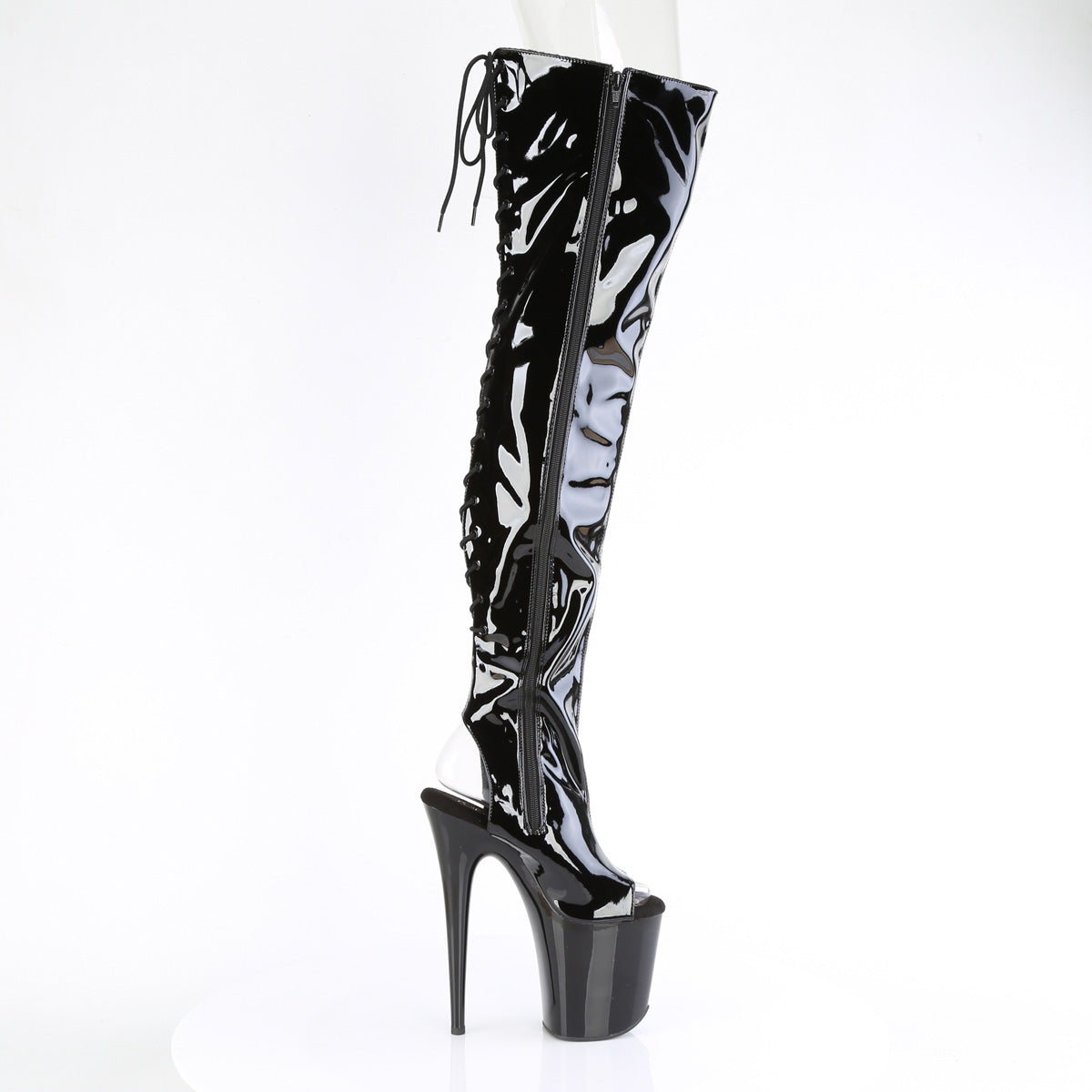 Pleaser FLAMINGO-3017 Black Lace-Up Open Toe Platform Thigh High Boots - 8 Inch Heels