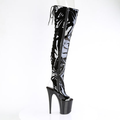 Pleaser FLAMINGO-3017 Black Lace-Up Open Toe Platform Thigh High Boots - 8 Inch Heels