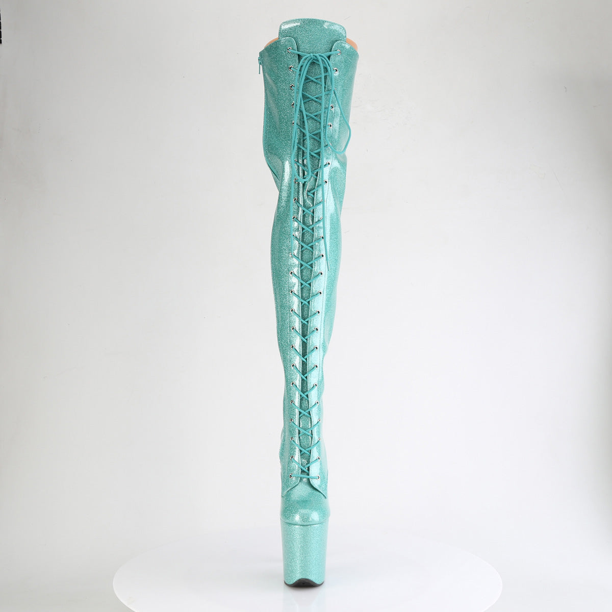FLAMINGO-3020GP Pleaser Aqua Glitter 8 Inch Platform Pole Thigh Length Boots